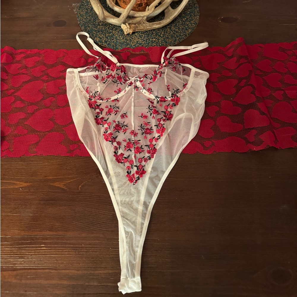 Floral Embroidered Sheer Bodysuit - White and Red